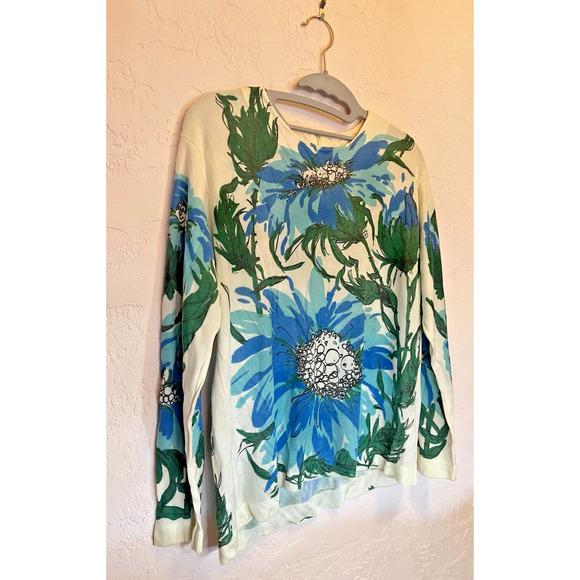 Hand Crafted Tops - 1960s Light Weight Knit Long Sleeve Shirt Blue Floral Med